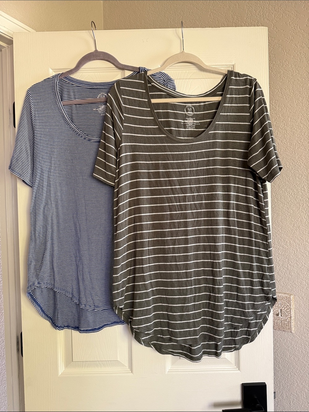 Lot of 2- Maurice’s 24/7 tees-Striped Scoop Neck Relaxed Tee - Olive/White